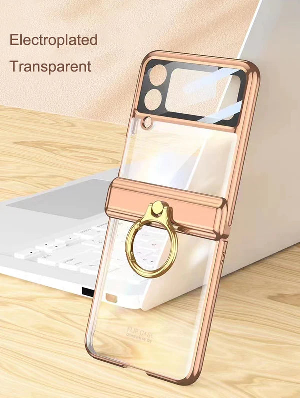 Plating Galaxy Z Flip 4 Case with Luxury Ring, Hing Part and Lens Protector