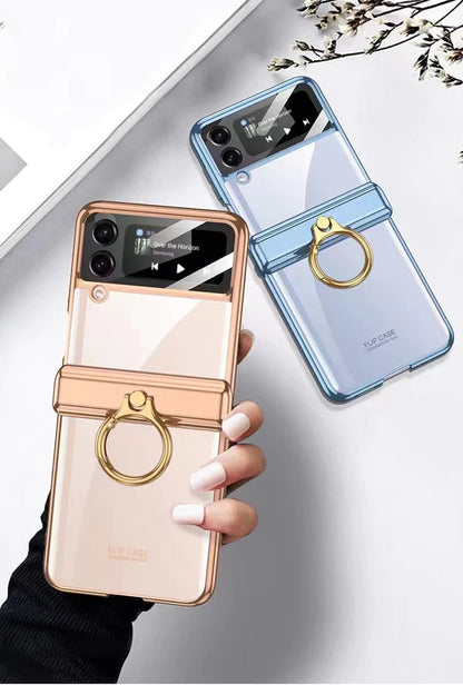 Plating Galaxy Z Flip 4 Case with Luxury Ring, Hing Part and Lens Protector