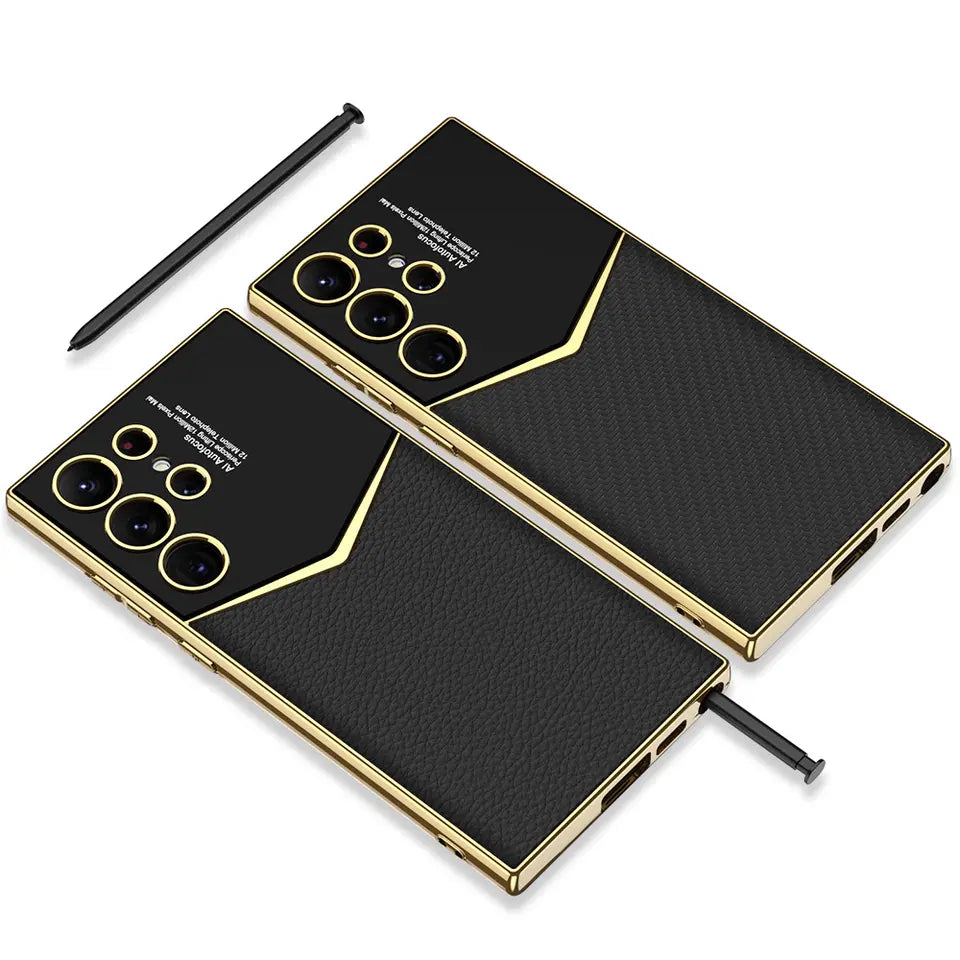 Royal Gold Plated Luxury Leather Case For S24 Ultra