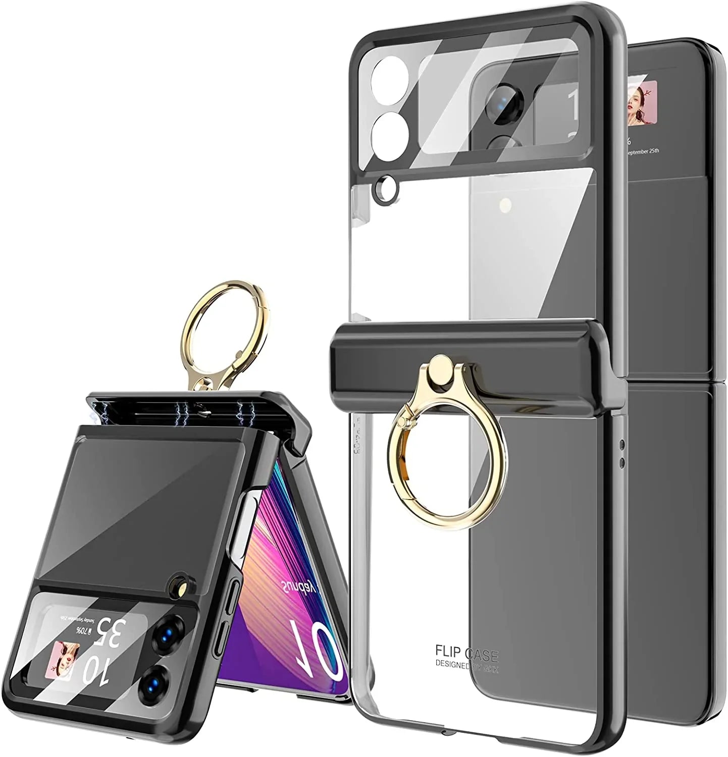 Plating Galaxy Z Flip 4 Case with Luxury Ring, Hing Part and Lens Protector