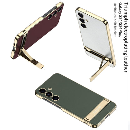 Triumph Electroplating Leather Golden Stand Case For Galaxy S24 Series