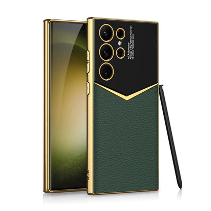 Royal Gold Plated Premium Carbon Fiber Luxury Leather Case For S23 Ultra