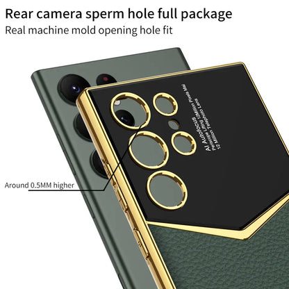 Royal Gold Plated Premium Carbon Fiber Luxury Leather Case For S23 Ultra