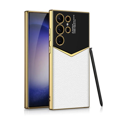 Royal Gold Plated Premium Carbon Fiber Luxury Leather Case For S23 Ultra