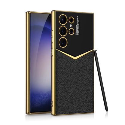 Royal Gold Plated Premium Carbon Fiber Luxury Leather Case For S23 Ultra